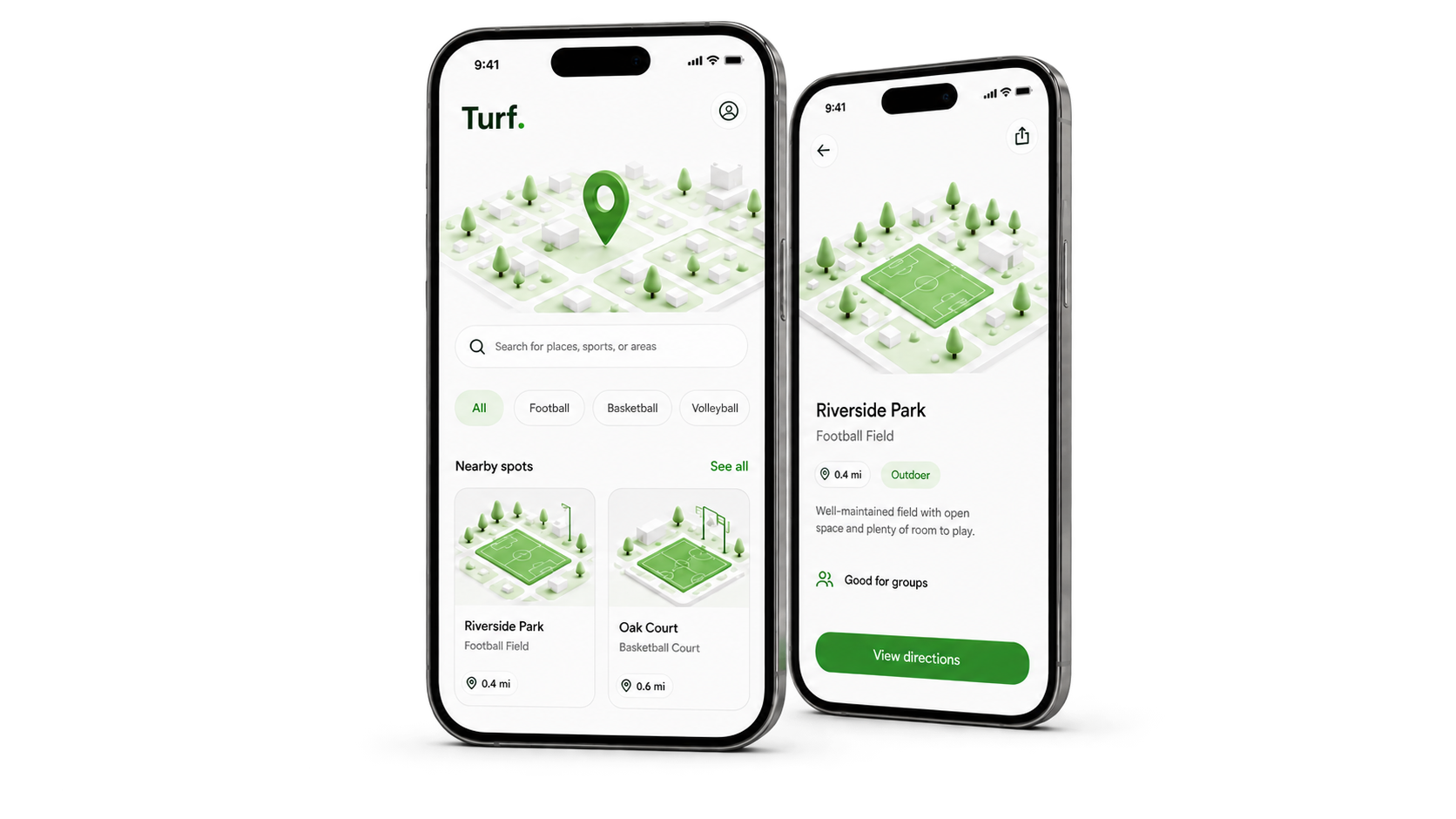 Two iPhones displaying the Turf place discovery and Riverside Park detail screens.