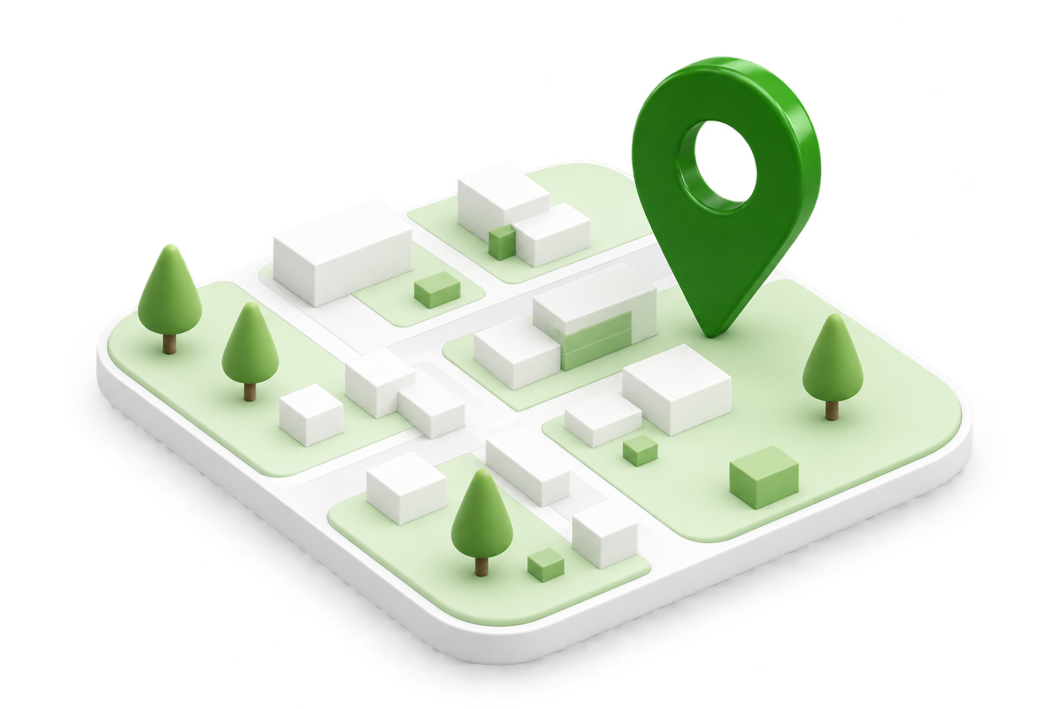 A three-dimensional neighborhood map with trees, buildings, and a green location pin.
